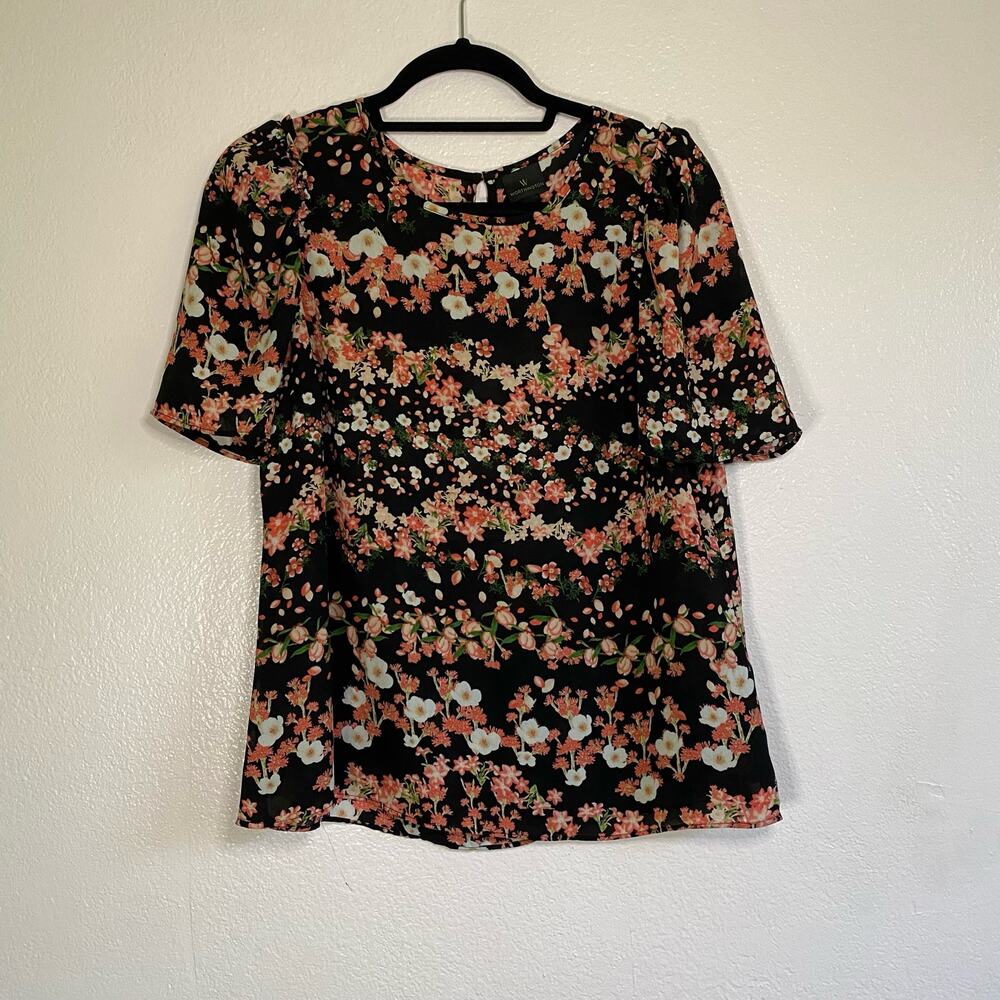 Worthington Floral Blouse Short Sleeve Top Women Size M
